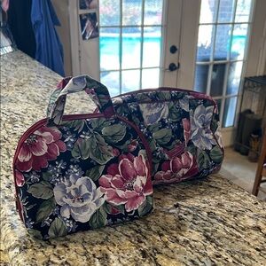 Floral Cosmetic Bag Set with Burgundy Accents